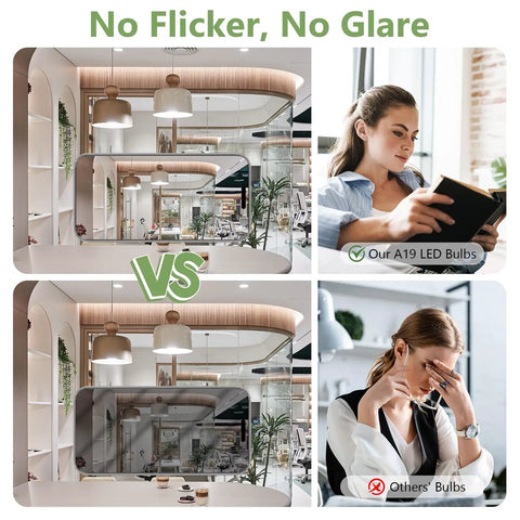Comparison showing 60W Equivalent A19 LED Light Bulbs 2700K Warm White Non-Dimmable versus regular bulbs with no flicker claim.