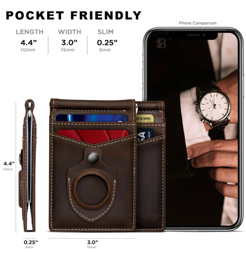 AirTag Wallet With RFID Blocking, Slim Bifold Money Clip, Full Grain Leather Front Pocket Wallet For Men, Minimalist AirTag Holder in Texas Brown
