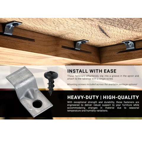 Bulletproof Build 14 Gauge Steel Table Top Fasteners With Screws, Heavy Duty Z Clip Connectors For Furniture And Woodworking, No Sweat Desktop Mounting, 20 Pack installed under tabletop.