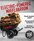 Electric Wheelbarrow Workhorse With 350 Lb Capacity And 6 Cu Ft Poly Tray with sod, max load text, 24 Volt Battery Drive.