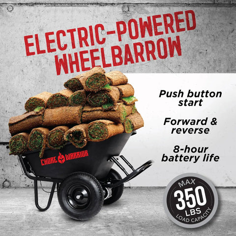Electric Wheelbarrow Workhorse With 350 Lb Capacity And 6 Cu Ft Poly Tray with sod, max load text, 24 Volt Battery Drive.