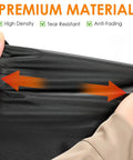 Close-up of hands stretching black 600D material of Broadcast Spreader Cover For Scotts Mini Fertilizer Spreaders with text overlay.