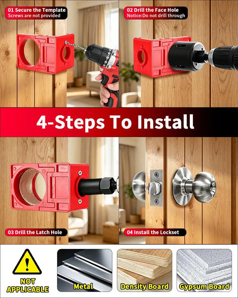 Image showing installation steps for Heavy Duty Door Hinge Jig And Top Shelf Lock Installation Kit crafted from solid aluminum template.