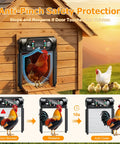 Hands-Free Solar Powered Automatic Chicken Coop Door With Large 9.45 X 10 Inch Opening Roll-Up Opener Light Sensor Timer and Remote shown in action.