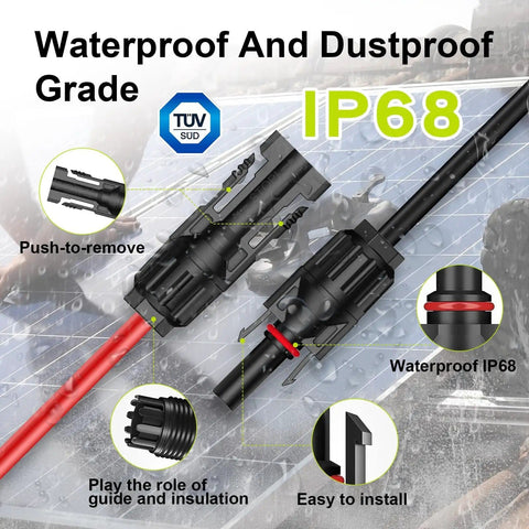 Close-up of Solar Panel Extension Cable 20Ft 10AWG With Tool Free Connectors Waterproof PV Cable 6mm2 showing IP68 waterproof connectors.