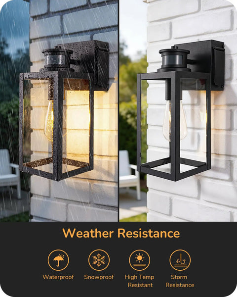 Built Tough Black Motion Sensor Outdoor Wall Light With Dusk Till Dawn Auto Sense And Built In Two Electrical Outlets For Plugging Yard Gear showing weather resistance in rain and shine.