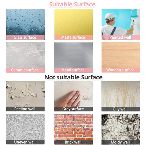 Guide showing suitable and non-suitable surfaces for Motivational Wall Decal Set Featuring Eyelash Eyes Big Eye Wall Art And She Believed She Could So She Did Quote For Women And Girls Bedroom Living Room Decor Inspiring Stickers With Girl Boss Vibes