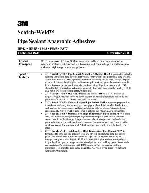 Technical data sheet for Scotch-Weld Pipe Sealant Anaerobic Adhesives, featuring product description and specifications.