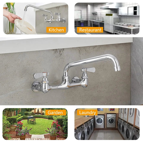Heavy Duty Wall Mount Utility Sink Faucet With 10 Inch Chrome Swivel Spout, 2-Handle Bar Style Mixer Tap in various settings