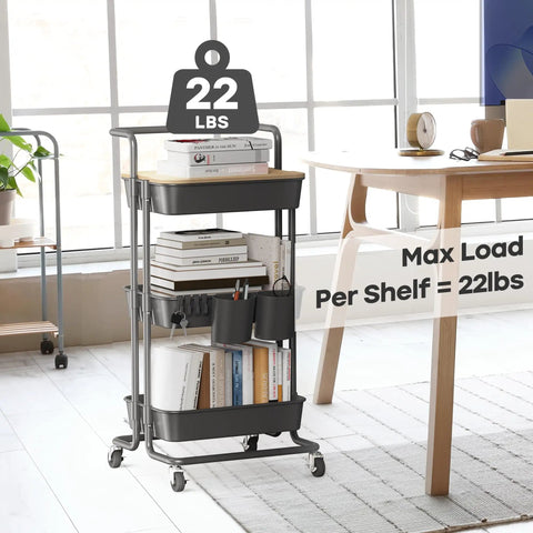 Three Tier Rolling Utility Cart With Cover Top And Wheels For Office Kitchen Bathroom On The Go Storage Cart Includes Three Baskets Six Hooks Three Cups And A Lid Top For Laptop Coffee Crafts And More Black in home office setting.