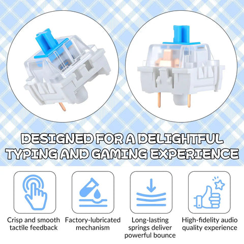 50 Pack Blue 3 Pin Mechanical Keyboard Switches With Dope Clicky Feel Replacement Keys For DIY Keyboard Builds Durable Plastic Shell Copper Contacts And Steel Springs For Smooth Reliable Performance, blue tactile switch close-up