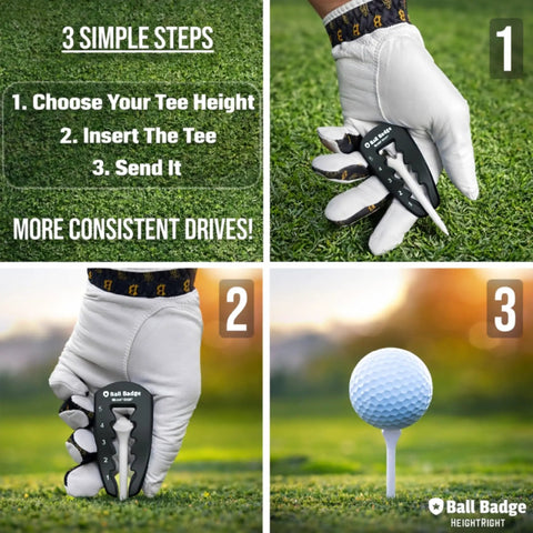 Five Level Adjustable Golf Tee Height Tool for Consistent Tee Heights demonstrated in three steps on grass, glove holding tool.