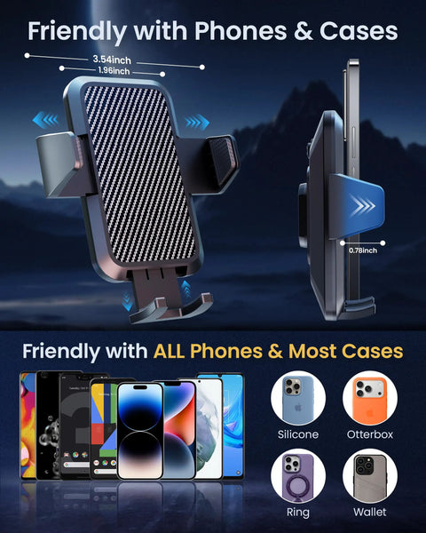 Front and side view of Two In One Car Phone Mount With Magnetic Clip For MagSafe And Android, showing adjustability and phone compatibility.