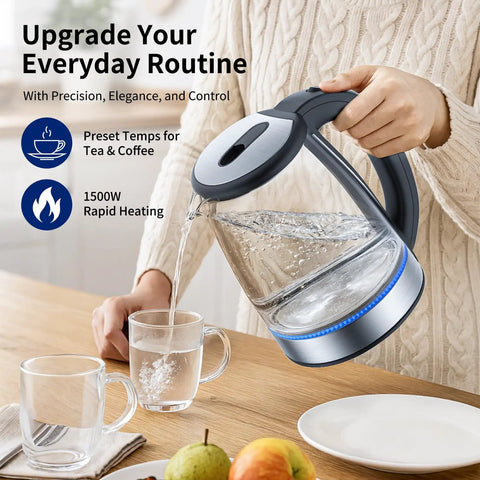 2L Glass Electric Kettle With 1500W Fast Boil Auto Shutoff LED Light BPA Free Borosilicate Glass Stainless Steel Interior used for pouring water into a cup
