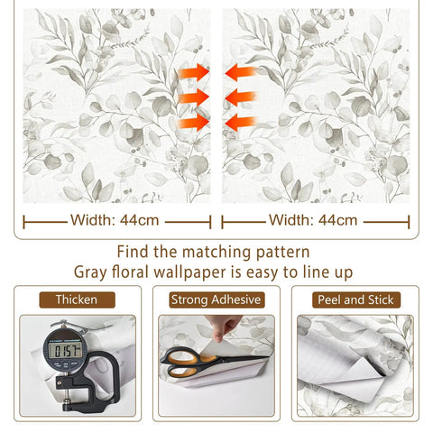 Peel And Stick Floral Wallpaper With Grey Eucalyptus Leaves For Bedroom Boho Farmhouse Vibe Self Adhesive Removable Contact Paper For Cabinets And Drawers In Nursery 17.3In Wide By 393In Long details with matching pattern and adhesive features.