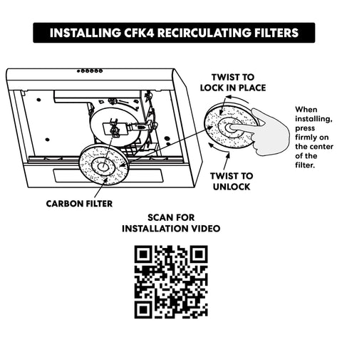 Instruction diagram for installing Replaceable Activated Charcoal Range Hood Filter for 5MU30 and 5MU36 CFK4 with QR code