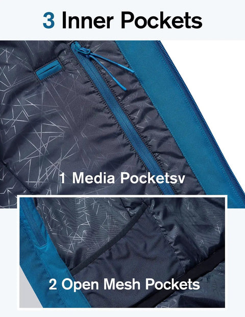 Men's Pro Ski Jacket With 15K Waterproof And 10K Breathable Fabric, Blue Large, showing inner pockets for media and mesh storage.