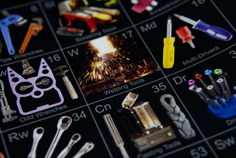 Close-up of Periodic Table Of Tools Poster For Mechanics And Makers showing varied tools like wrenches and drivers, 36x20 inch art