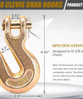 Three Eighths Inch Heavy Duty Chain Hook 6600 Lbs G70 Clevis Grab Hook for Trailer and Truck; detailed view with measurements.