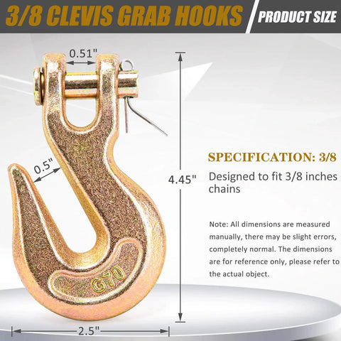 Three Eighths Inch Heavy Duty Chain Hook 6600 Lbs G70 Clevis Grab Hook for Trailer and Truck; detailed view with measurements.