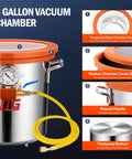 VTG 3-Gallon vacuum chamber with tempered glass lid, stainless steel body, pressure gauge, and yellow hose.