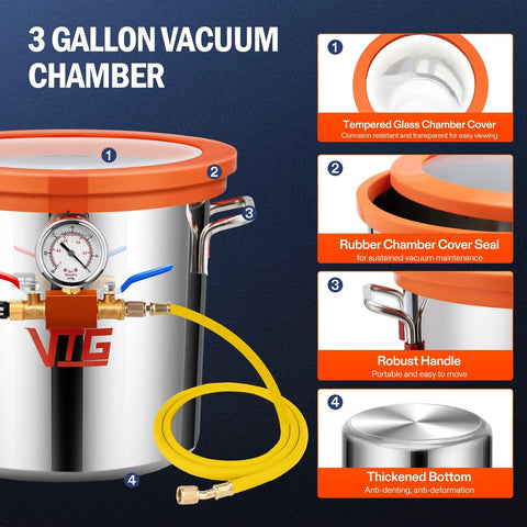 VTG 3-Gallon vacuum chamber with tempered glass lid, stainless steel body, pressure gauge, and yellow hose.