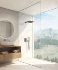 Modern bathroom with large glass shower featuring Rain Shower Head With Handheld Spray For High Pressure Waterfall Flow.
