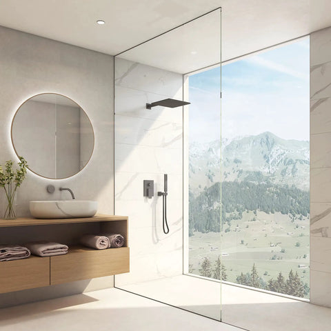 Modern bathroom with large glass shower featuring Rain Shower Head With Handheld Spray For High Pressure Waterfall Flow.