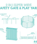 Diagram of Ultra Wide Baby Gate And Play Yard For Kid And Pet Friendly Homes Nearly 16 Feet Long Two In One Convertible Safety Barrier, showing lever, configurations, and metal construction.