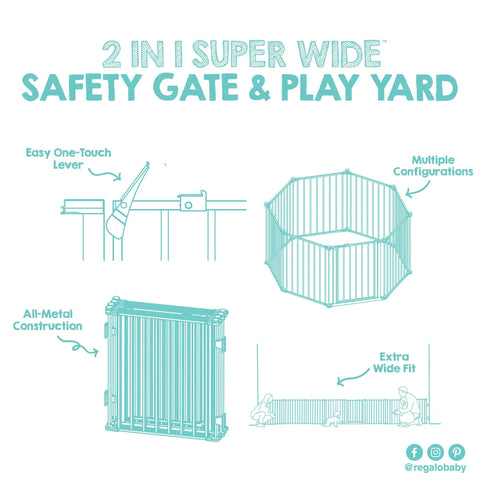 Diagram of Ultra Wide Baby Gate And Play Yard For Kid And Pet Friendly Homes Nearly 16 Feet Long Two In One Convertible Safety Barrier, showing lever, configurations, and metal construction.