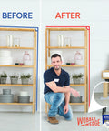 Before and after using Heavy Duty Leveling Shims for Furniture and Appliances, transparent plastic wedge stabilizing a shelf.