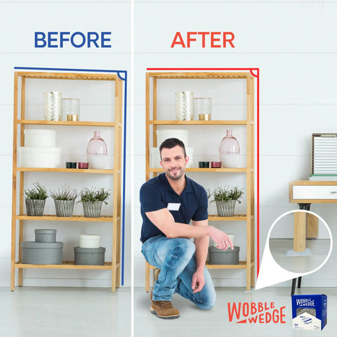 Before and after using Heavy Duty Leveling Shims for Furniture and Appliances, transparent plastic wedge stabilizing a shelf.