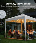 10x10 Pop Up Canopy Tent Without Sidewalls, Instant Setup Gazebo For One Person in rain with people dining underneath.