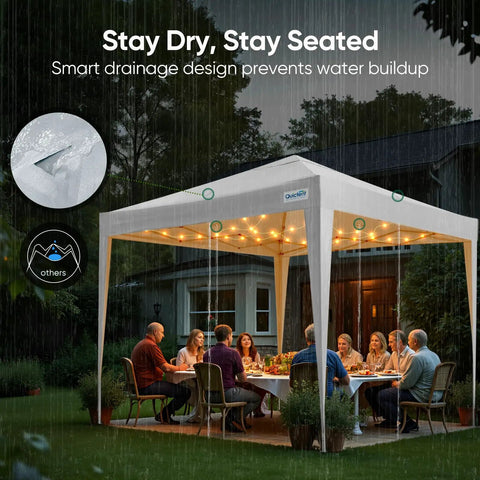 10x10 Pop Up Canopy Tent Without Sidewalls, Instant Setup Gazebo For One Person in rain with people dining underneath.