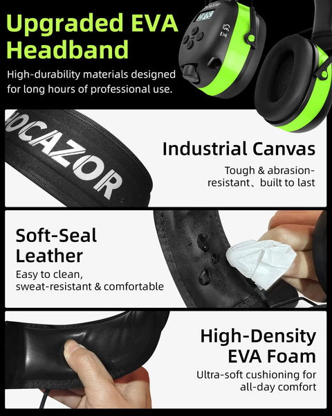 Close-up of upgraded EVA headband with industrial canvas, soft-seal leather, and EVA foam for Bluetooth 5.4 Hearing Protection Headphones With AM FM Radio, 25dB NRR Earmuffs, 2000mAh Rechargeable Battery For Mowing And Workshops, Wireless Safe Noise Canceling Ear Protection Orange.