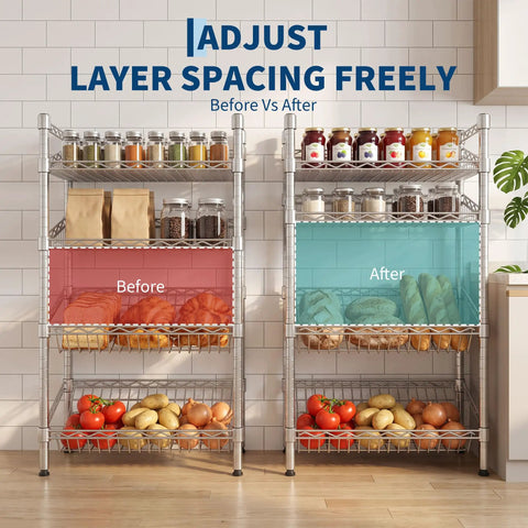 4 Tier Adjustable Wire Shelving Rack Built Tough As Nails For Ridiculously Sturdy Versatile Indoor Storage And Game Changing Heavy Duty Load Bearing Power, showcasing adjustable shelf spacing with items stored.