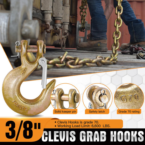 Three Eighths Inch Clevis Slip Hook With Safety Latch Grade 70 Tow Hook For Winches And Trailers, close-up of latch and hook in use