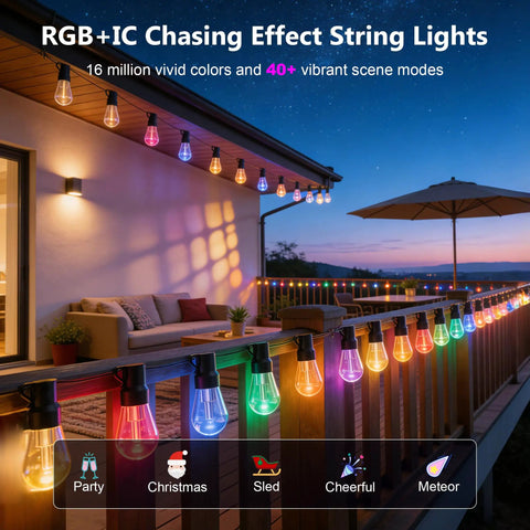 Outdoor String Lights 150Ft RGB IC Dimmable Shatterproof LED Bulbs IP67 Waterproof DreamColor Patio Strip Lights For Backyard