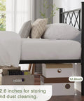 Queen Size Bed Frame With Integrated Headboard, Hella Sturdy Steel Base, Built Like A Tank For Serious Support, Zero Box Spring Drama Required, Effortless Assembly Design In Classic Matte Black with 12.6 inches for storage.