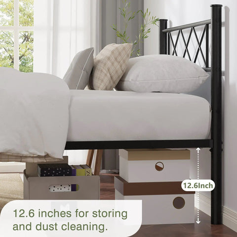 Queen Size Bed Frame With Integrated Headboard, Hella Sturdy Steel Base, Built Like A Tank For Serious Support, Zero Box Spring Drama Required, Effortless Assembly Design In Classic Matte Black with 12.6 inches for storage.