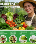 Woman holding vegetables in a garden promoting 10 Heirloom Vegetable Seeds Variety Pack With 3200 Seeds For Indoor Outdoor Garden kit.