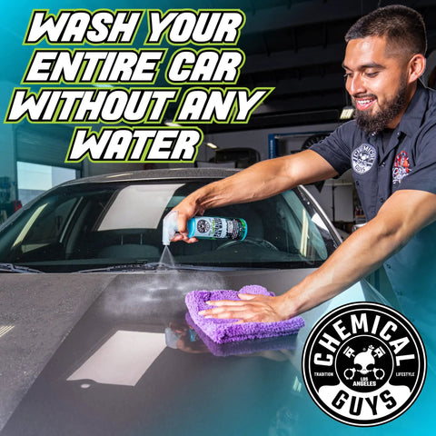 Swift Wipe Waterless Car Wash Spray With High Lubrication Formula, No Water Needed, Wipe And Shine On The Go, Safe For All Finishes, Streak Free Finish, Safe For Clear Coat And Chrome, Great For Daily Detailing, 1 Gallon, man spraying car hood