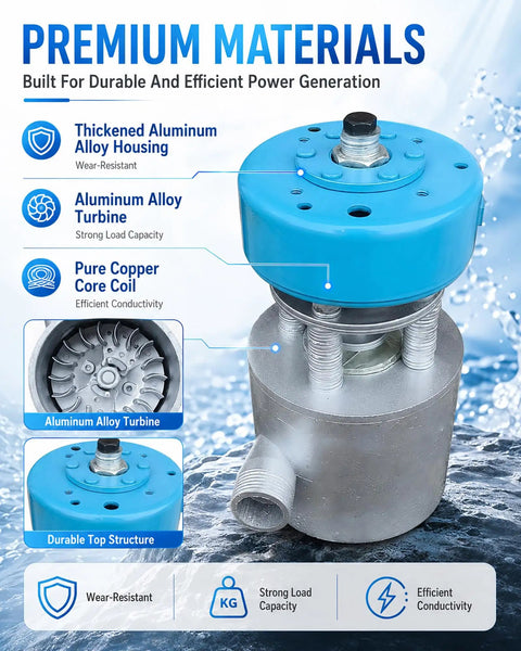Portable Micro Hydroelectric Generator 1000W Off Grid Power 110V/220V Aluminum Alloy Water Turbine System components