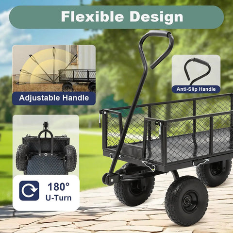 Beefy Heavy Duty Garden Wagon Cart With 880 Lb Capacity And All Terrain Solid Wheels 10 Inch Tires 180 Degree Handle Removable Sides