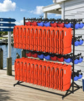 Heavy Duty Steel Water Sports Gear Rack For Life Jackets Helmets And Rescue Buoy Wall Mount outdoor setup at a dock.