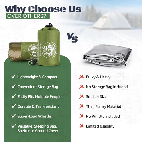 Comparison of Ultra Large Waterproof Emergency Sleeping Bag vs regular bivvy, highlighting features and benefits for cold weather.