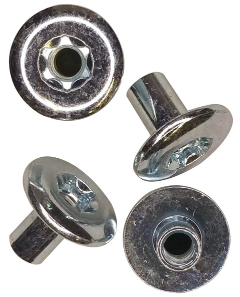 Top Shelf 5/16 Inch T55 Torx Barrel Nuts 4 Pack Zinc Coated Dome Cap Cam Lock Fasteners viewed from multiple angles.