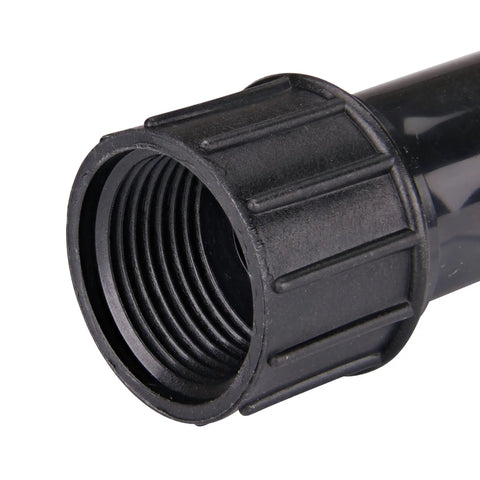 Compression Swivel Adapter With Washer Connects One Half Inch Drip Tubing To Three Quarter Inch MPT Pipe Easy Hose Bib FHT Connection Built In Swivel To Prevent Kinks Durable Black Finish For Garden Irrigation Systems, black threaded end
