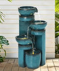 Cool 19.3 Inch Outdoor Water Fountain With LED Lights Four Tier Cascading Water Feature For Garden Patio Yard Or Porch Polyresin Faux Ceramic Pedestal Pump Included