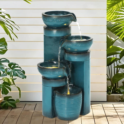 Cool 19.3 Inch Outdoor Water Fountain With LED Lights Four Tier Cascading Water Feature For Garden Patio Yard Or Porch Polyresin Faux Ceramic Pedestal Pump Included
